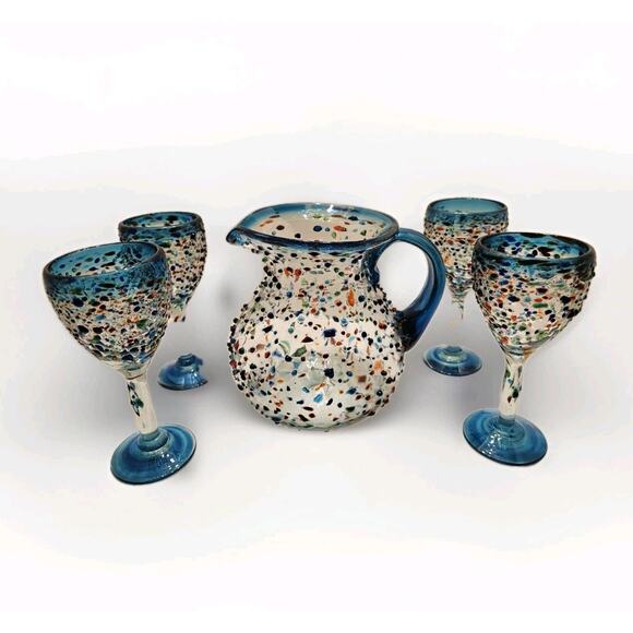 Hand Blown Mexican Confetti Rock Colorful Pitcher W/4 Wine Sangria Glasses Teal - Picture 1 of 16